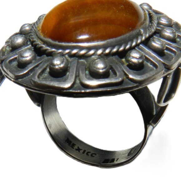 Vintage Taxco Mexico 925 Sterling Silver Tiger Eye Oval Ring Size 6.5 Rare!! - Picture 13 of 14